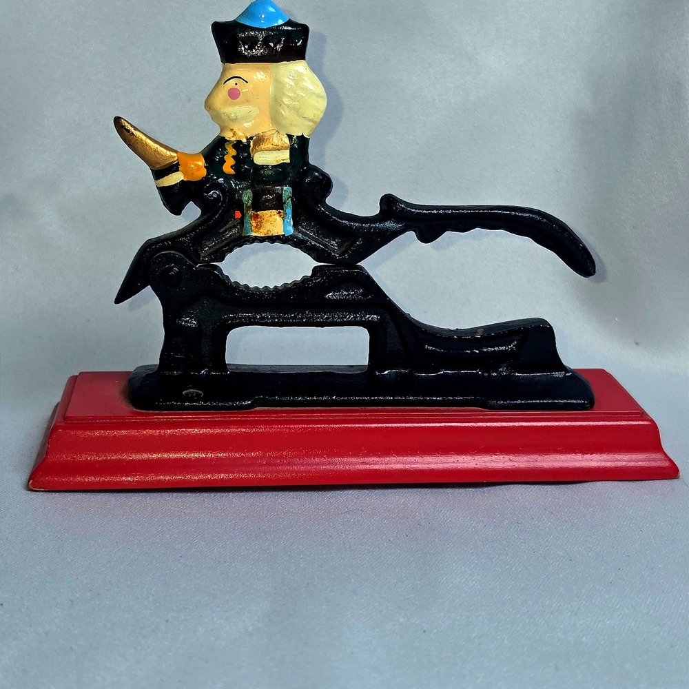 Vintage Cast Iron Nutcracker Soldier on Red Wood Base Christmas Decor Black